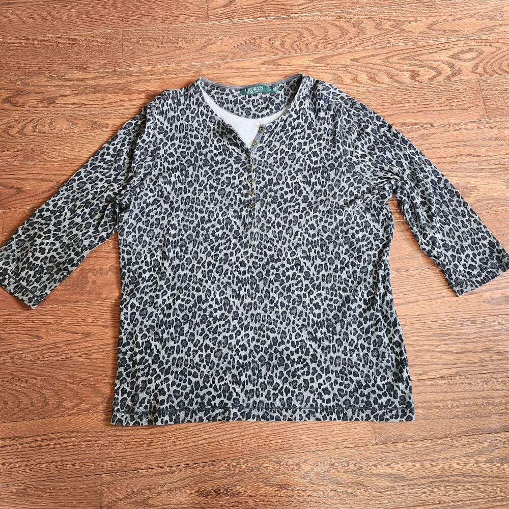 Lauren Ralph Lauren Women 2XL Leopard Print 3/4 Sleeve Henley Top Casual Blouse